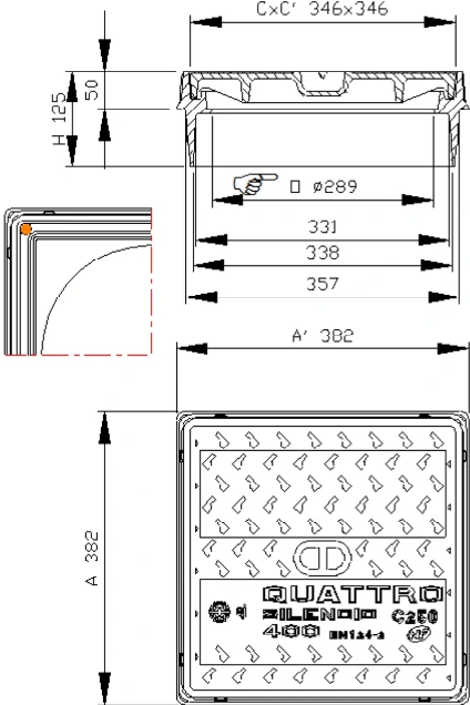 Poklop C250 čtvercový QUATTRO SI.400EC, Js 289x289mm pro potrubí DN315