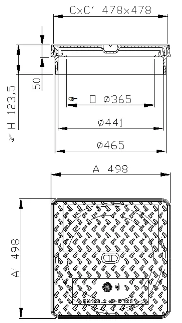 Poklop B125 čtvercový HC500 EC, Js 365x365mm pro plastové potrubí DN400