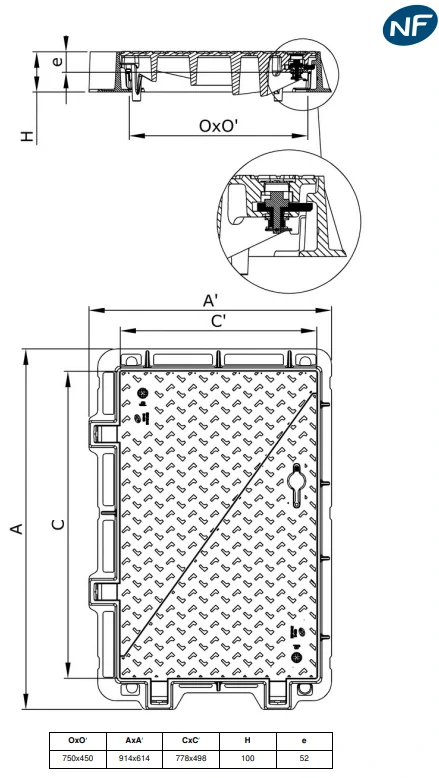 Litinový poklop D400 TI4S 750x450